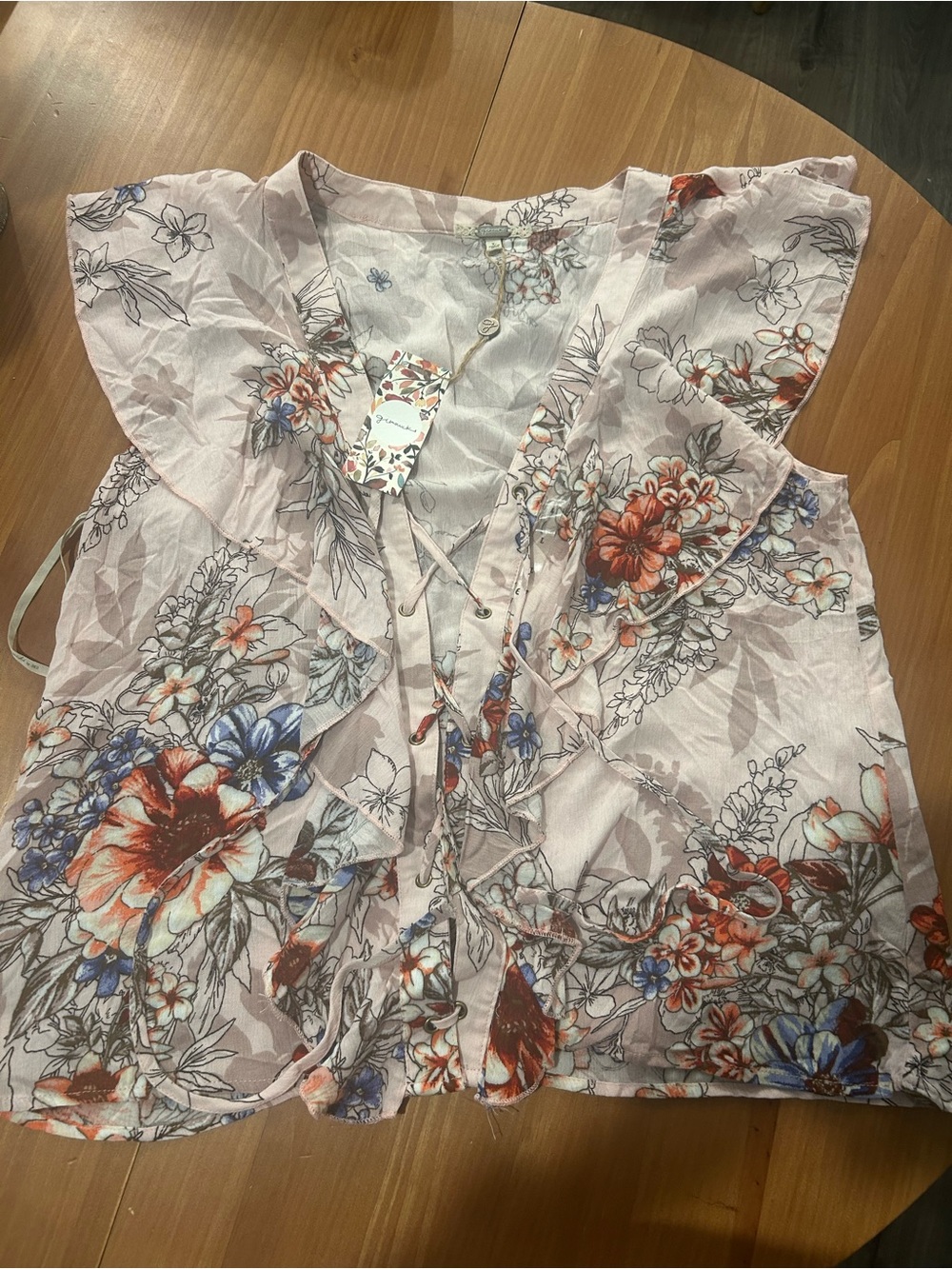 NWT Gimmicks Floral Ruffle Lace-Up Blouse Size Large Boho Pink - Picture 8 of 16